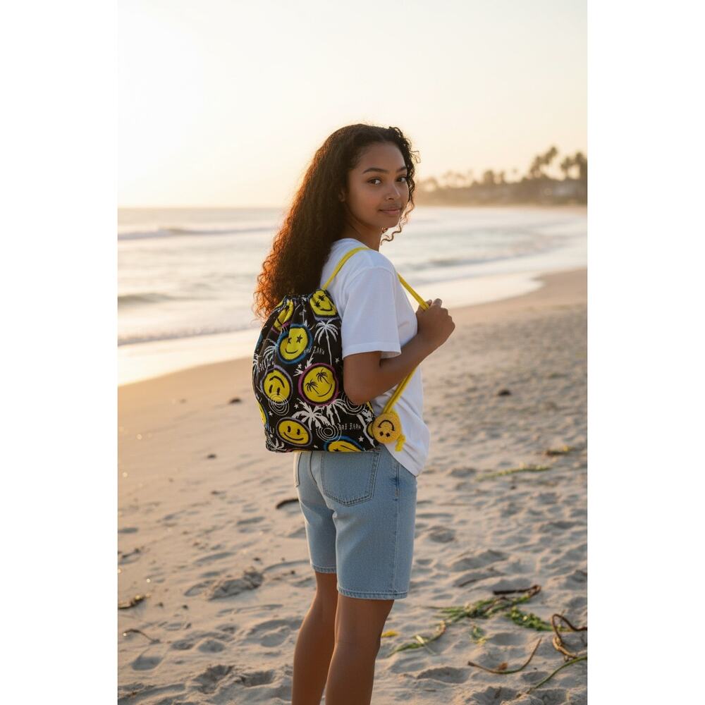 Agua Bendita Simone Naif Drawstring Backpack Smiley Face Beach Bag NWT